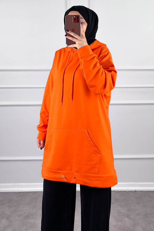 Kapşonlu Cepli Sweatshirt - Turuncu