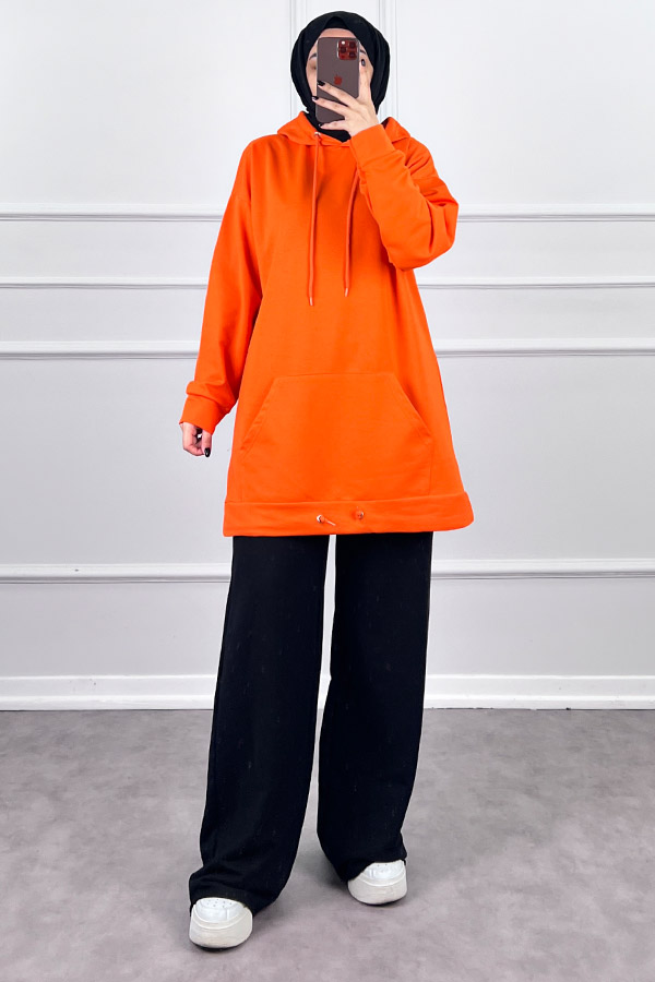 Kapşonlu Cepli Sweatshirt - Turuncu
