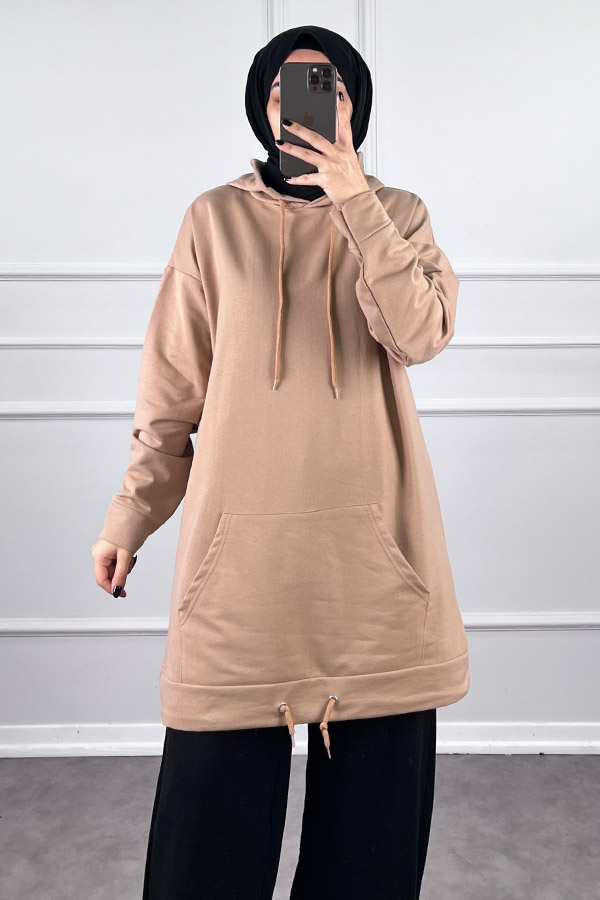 Kapşonlu Cepli Sweatshirt - Vizon