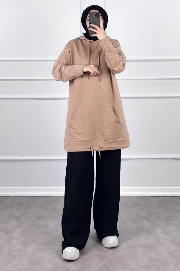 Kapşonlu Cepli Sweatshirt - Vizon