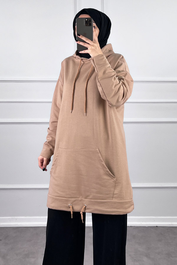 Kapşonlu Cepli Sweatshirt - Vizon