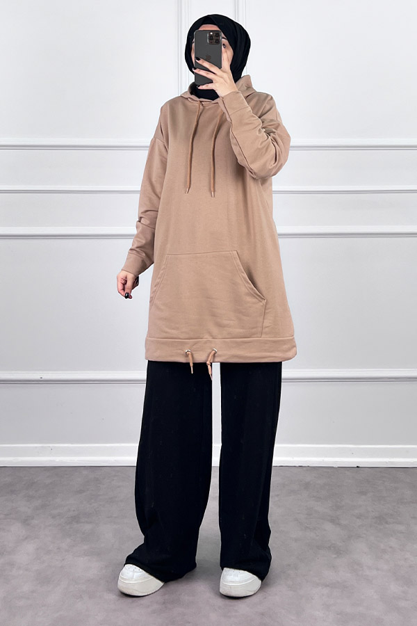 Kapşonlu Cepli Sweatshirt - Vizon