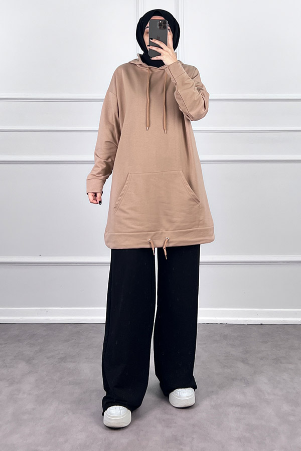 Kapşonlu Cepli Sweatshirt - Vizon