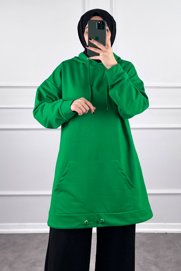 Kapşonlu Cepli Sweatshirt - Yeşil