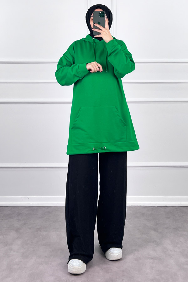 Kapşonlu Cepli Sweatshirt - Yeşil
