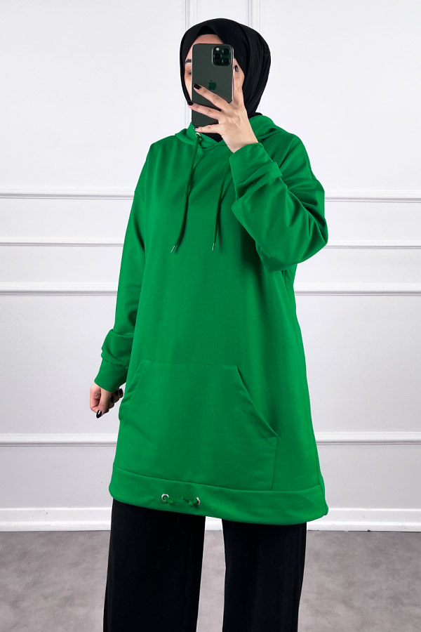 Kapşonlu Cepli Sweatshirt - Yeşil