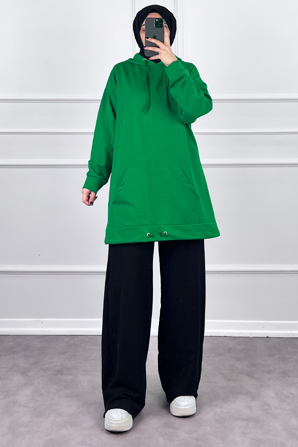 Kapşonlu Cepli Sweatshirt - Yeşil