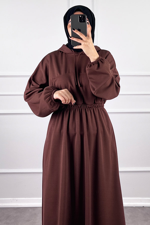 Kapşonlu Elbise - Kahverengi