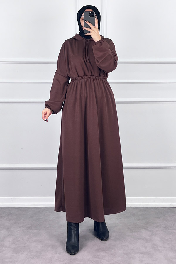 Kapşonlu Elbise - Kahverengi