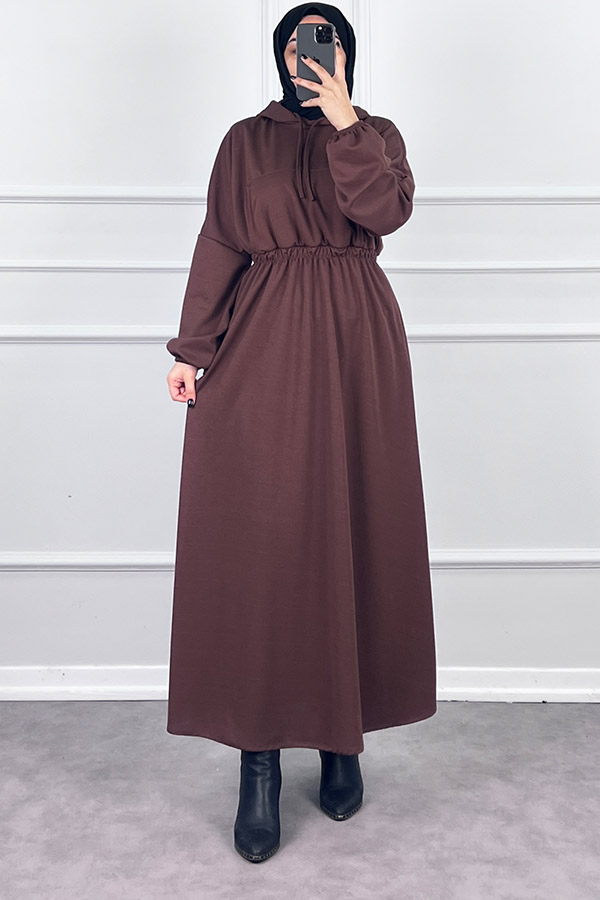 Kapşonlu Elbise - Kahverengi