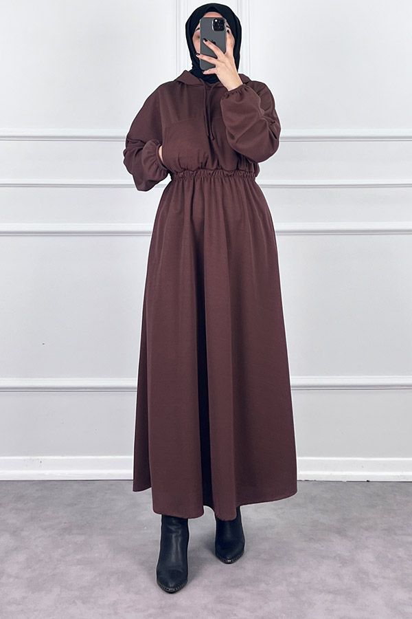 Kapşonlu Elbise - Kahverengi