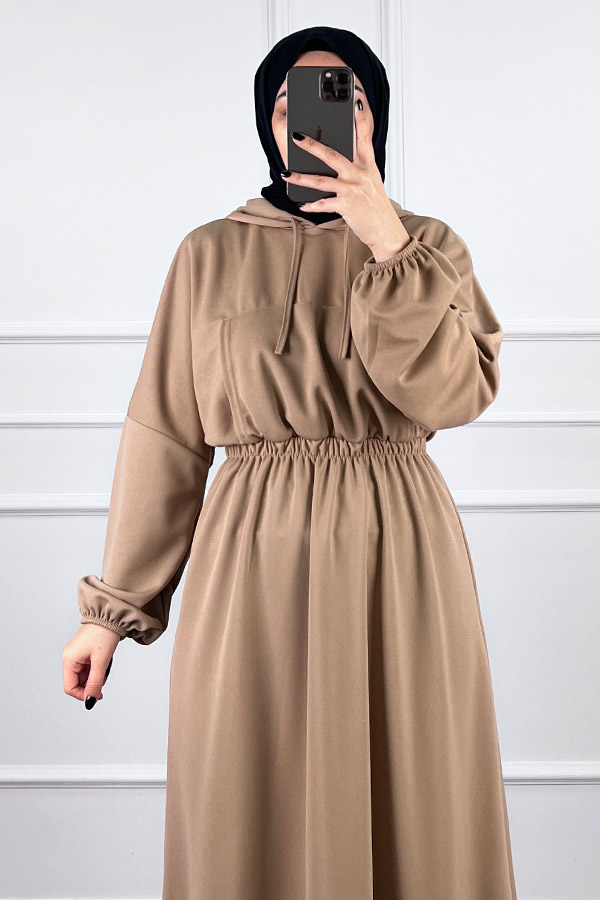 Kapşonlu Elbise - Vizon