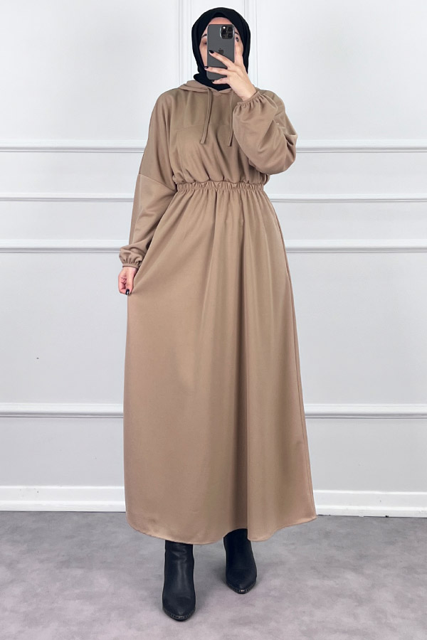 Kapşonlu Elbise - Vizon