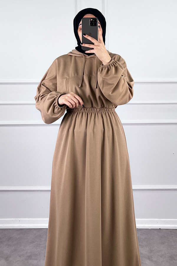 Kapşonlu Elbise - Vizon