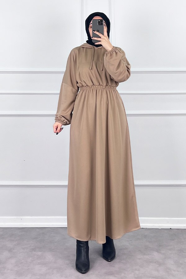 Kapşonlu Elbise - Vizon