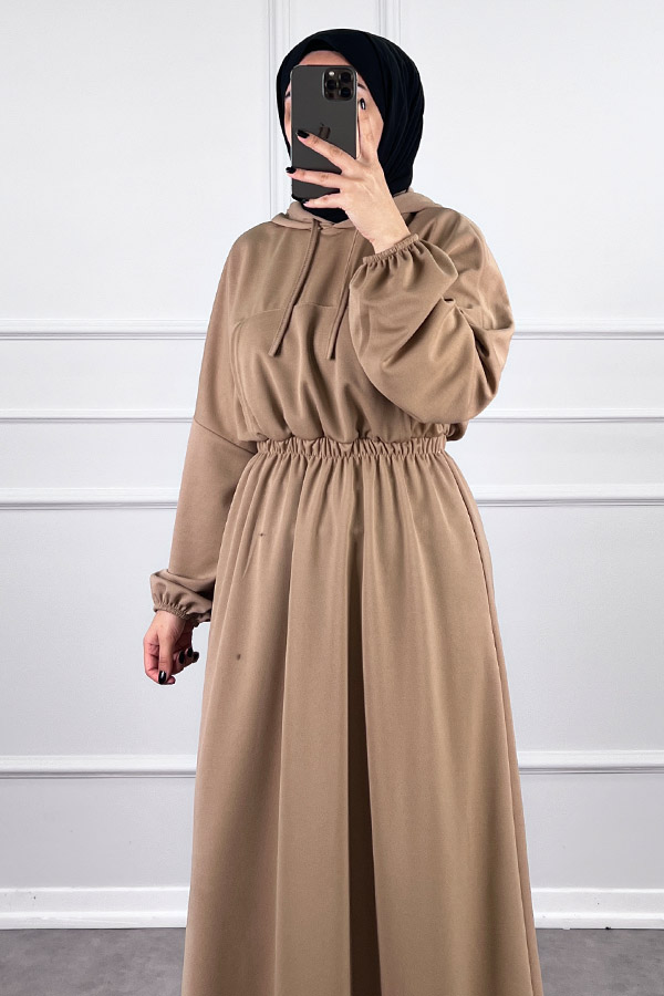 Kapşonlu Elbise - Vizon