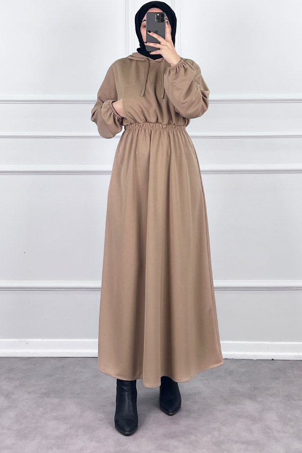 Kapşonlu Elbise - Vizon