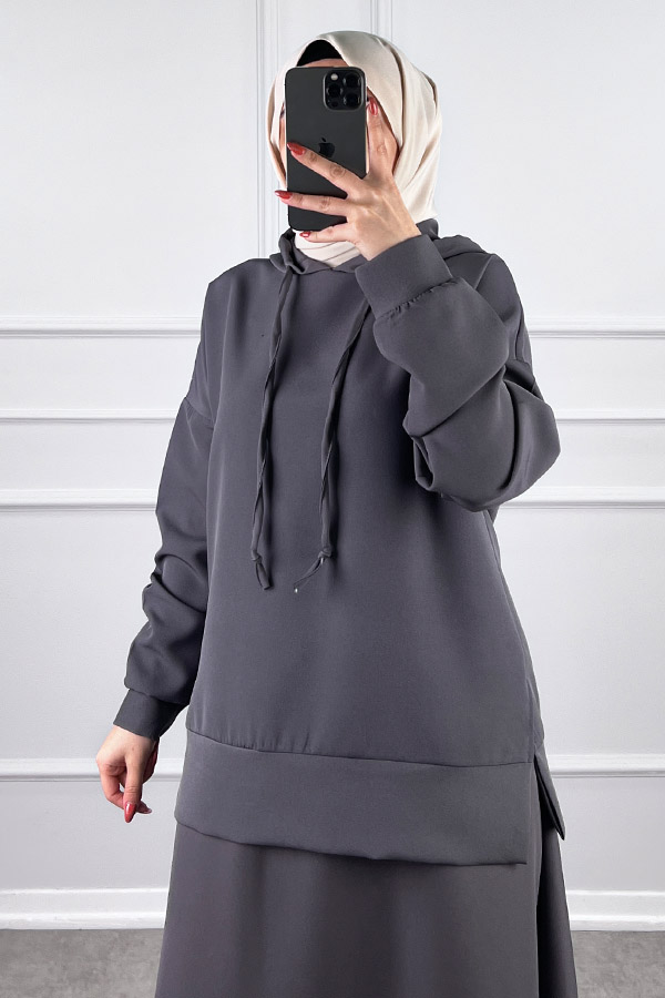 Kapşonlu Etekli Tesettür Takım - Gri