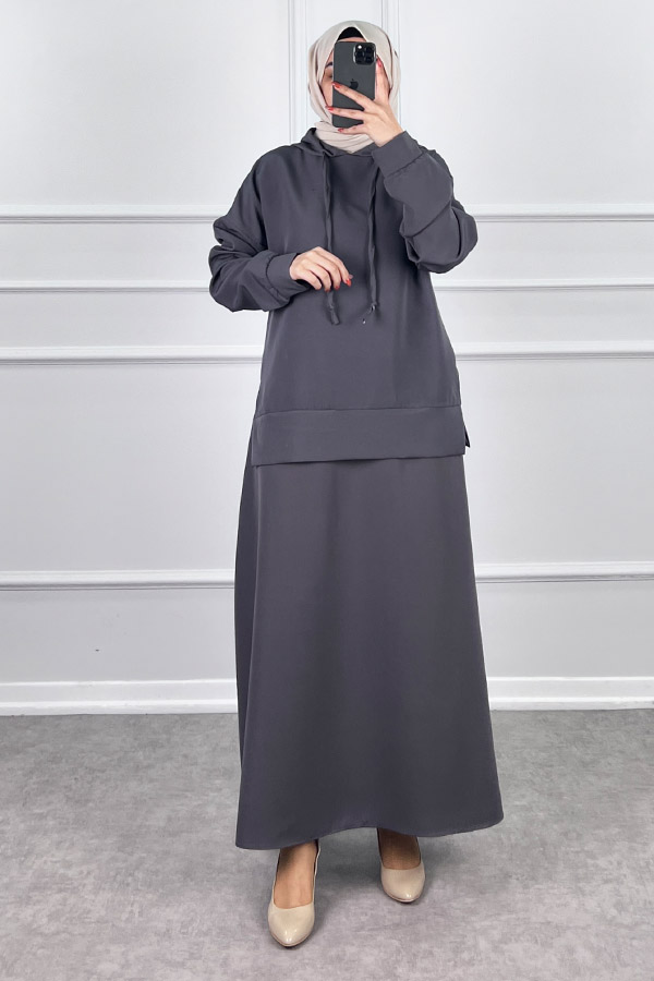 Kapşonlu Etekli Tesettür Takım - Gri