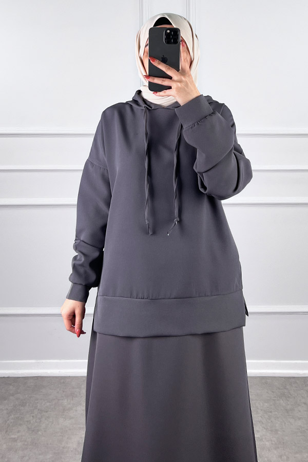 Kapşonlu Etekli Tesettür Takım - Gri