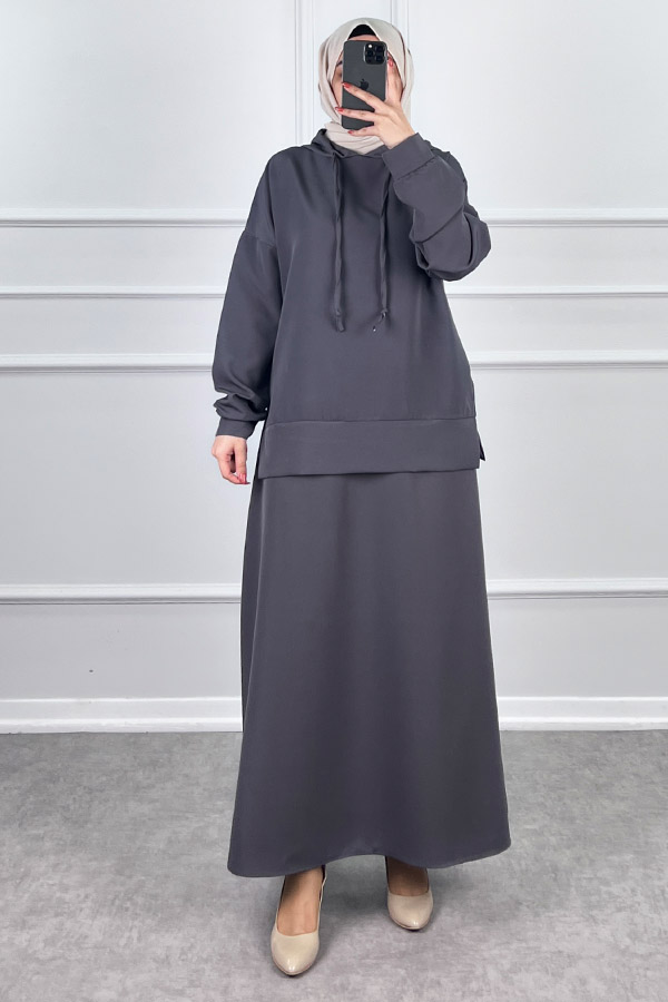 Kapşonlu Etekli Tesettür Takım - Gri