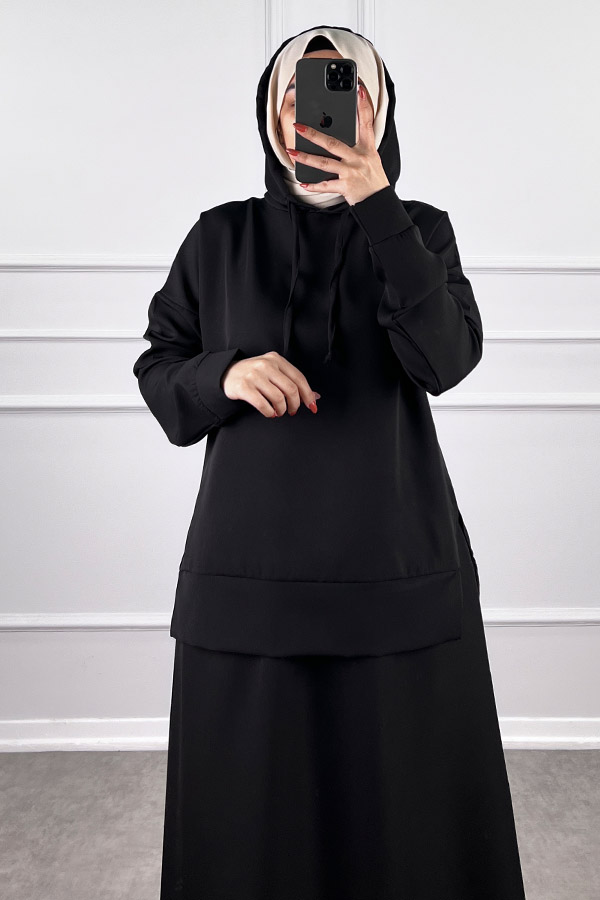 Kapşonlu Etekli Tesettür Takım - Siyah