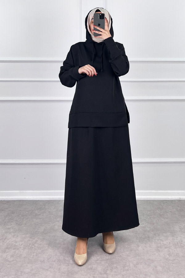 Kapşonlu Etekli Tesettür Takım - Siyah