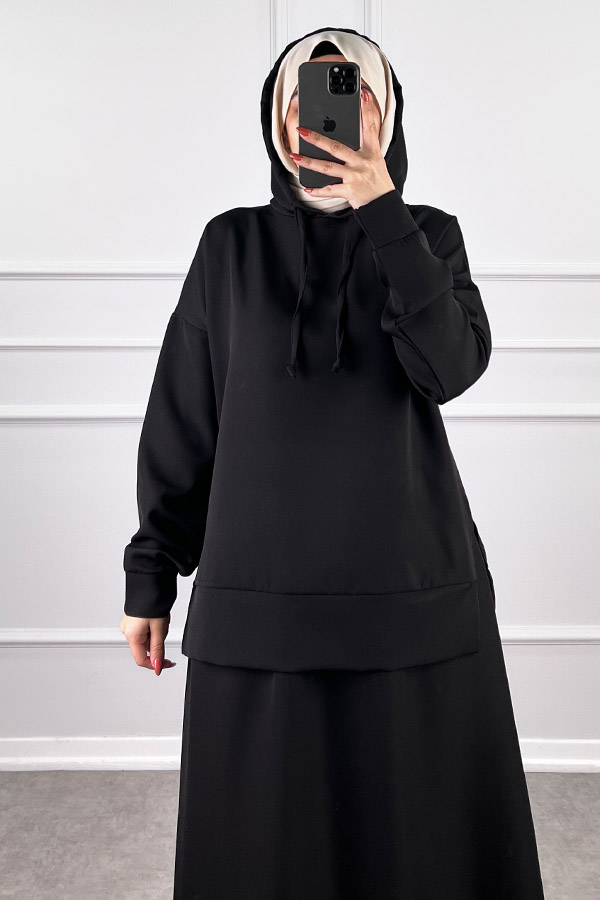 Kapşonlu Etekli Tesettür Takım - Siyah