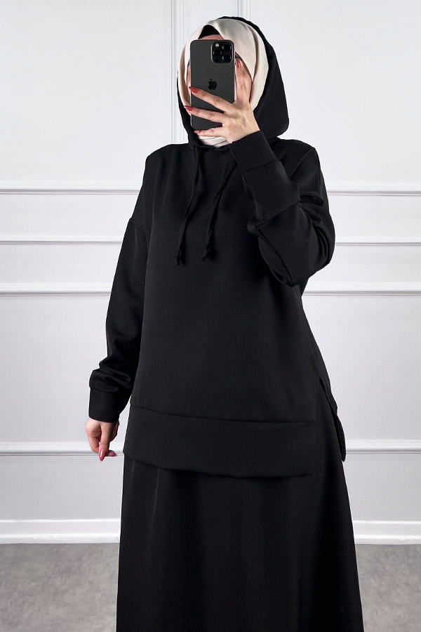 Kapşonlu Etekli Tesettür Takım - Siyah