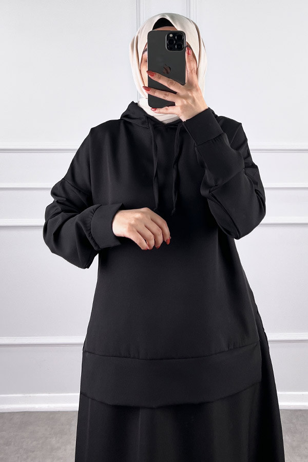 Kapşonlu Etekli Tesettür Takım - Siyah
