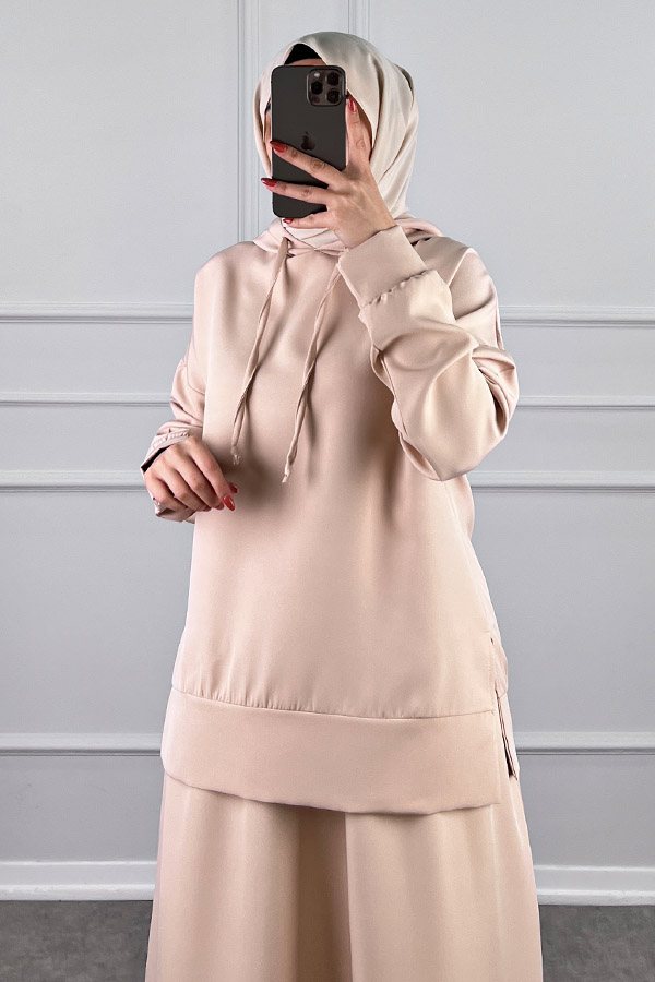 Kapşonlu Etekli Tesettür Takım - Taş