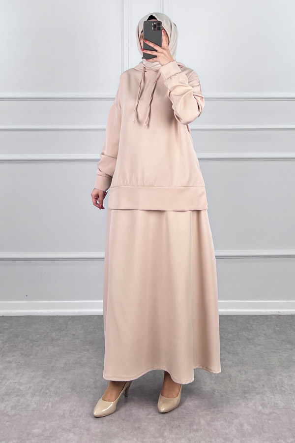 Kapşonlu Etekli Tesettür Takım - Taş