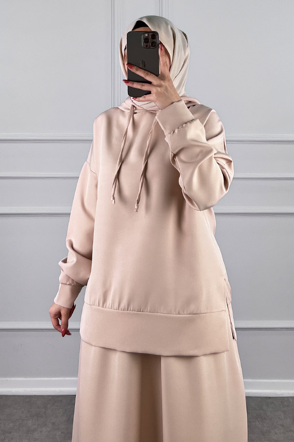 Kapşonlu Etekli Tesettür Takım - Taş