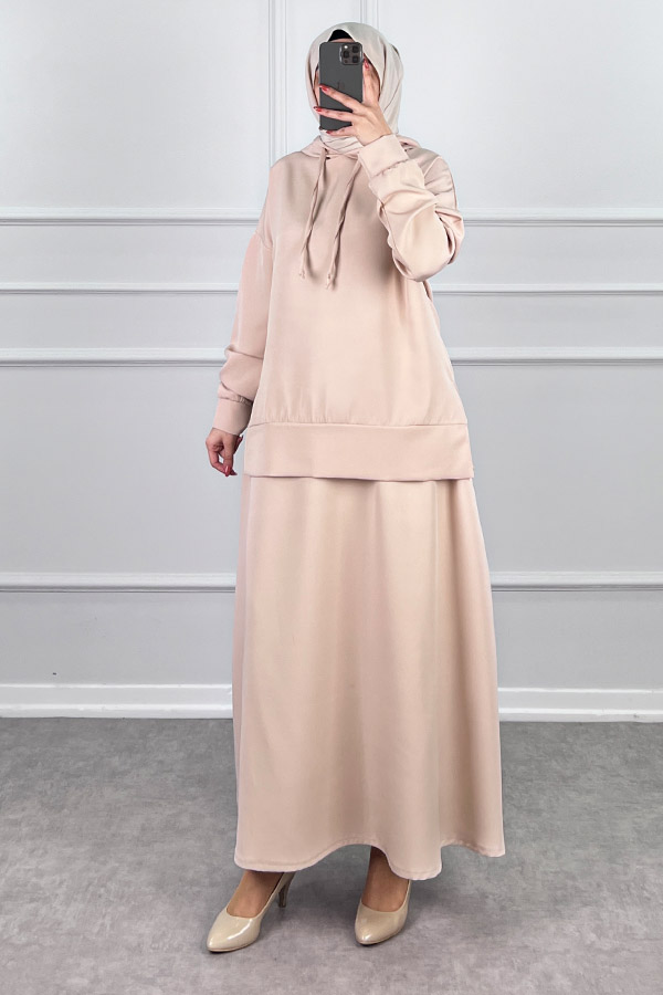 Kapşonlu Etekli Tesettür Takım - Taş