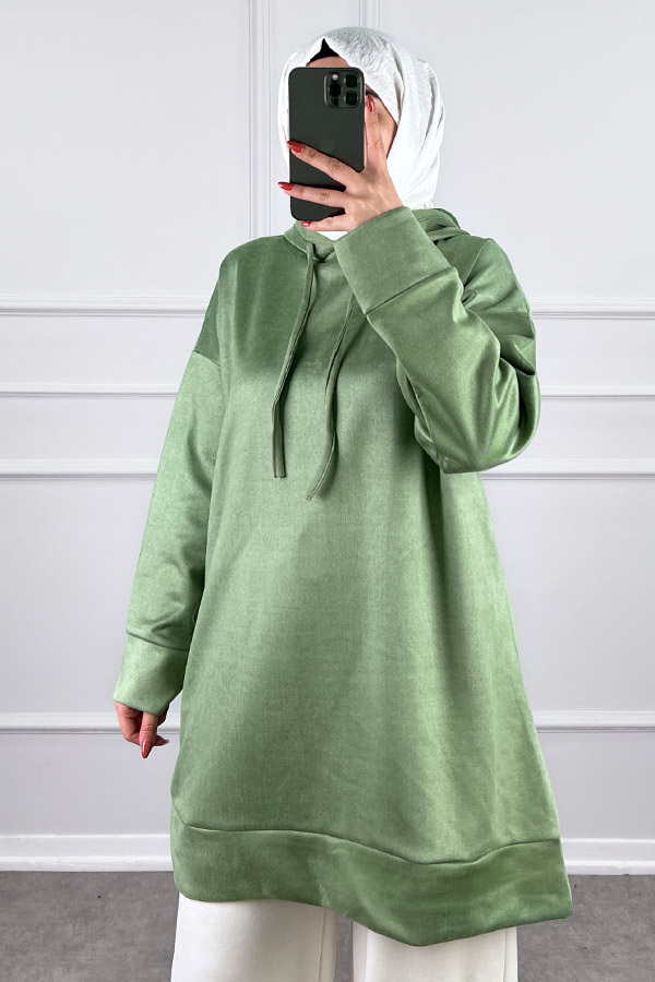 Kapşonlu Nubuk Sweatshirt - Açık Yeşil