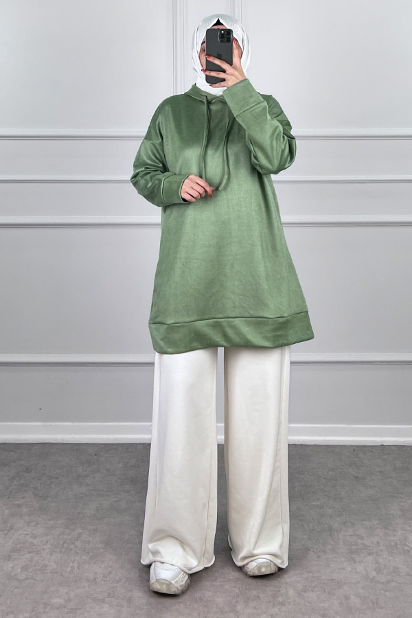 Kapşonlu Nubuk Sweatshirt - Açık Yeşil