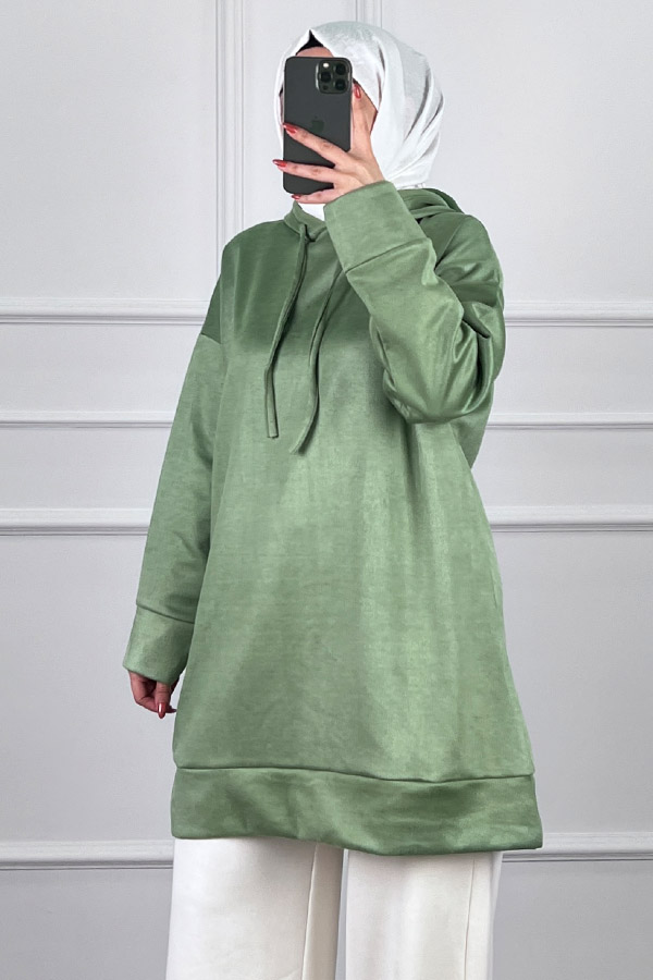 Kapşonlu Nubuk Sweatshirt - Açık Yeşil