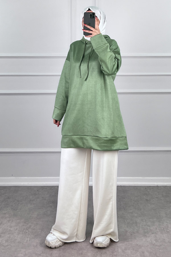 Kapşonlu Nubuk Sweatshirt - Açık Yeşil