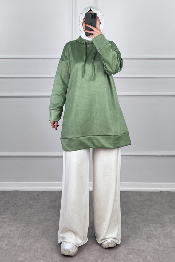 Kapşonlu Nubuk Sweatshirt - Açık Yeşil