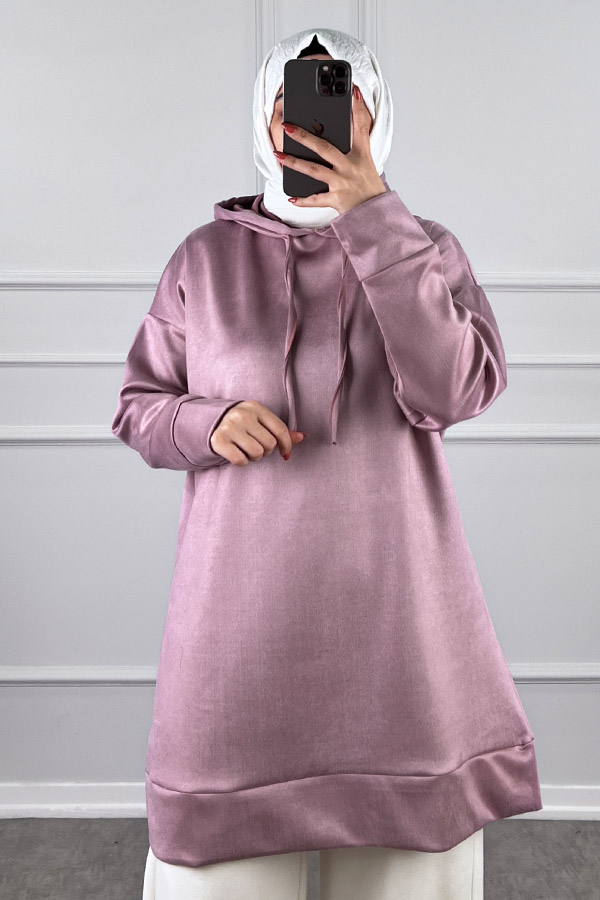 Kapşonlu Nubuk Sweatshirt - Pudra