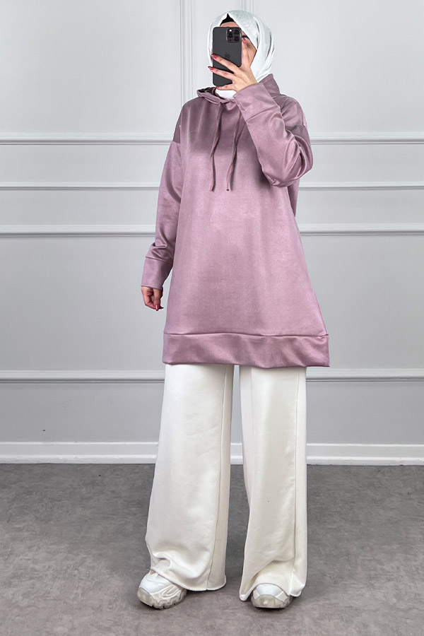 Kapşonlu Nubuk Sweatshirt - Pudra