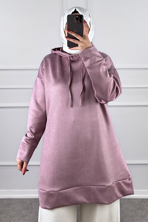 Kapşonlu Nubuk Sweatshirt - Pudra