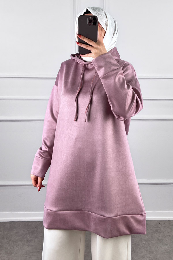 Kapşonlu Nubuk Sweatshirt - Pudra