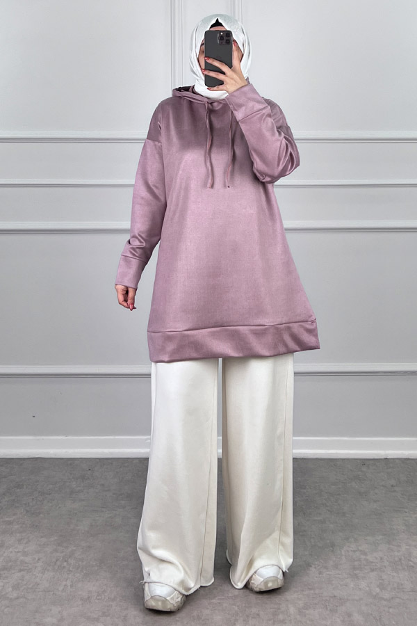 Kapşonlu Nubuk Sweatshirt - Pudra