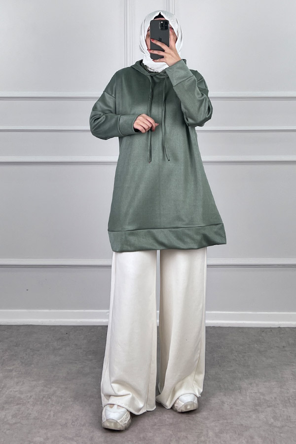 Kapşonlu Nubuk Sweatshirt - Yeşil