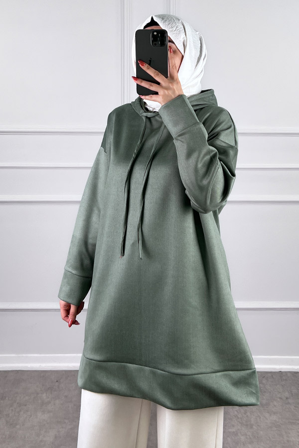 Kapşonlu Nubuk Sweatshirt - Yeşil