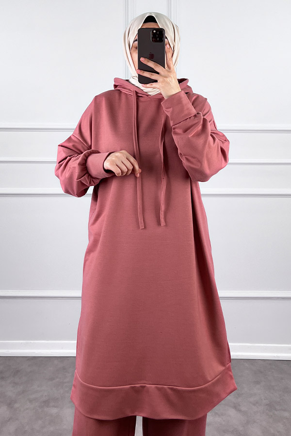 Kapşonlu Salaş Takım - Pudra