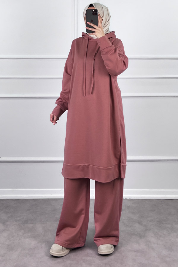 Kapşonlu Salaş Takım - Pudra