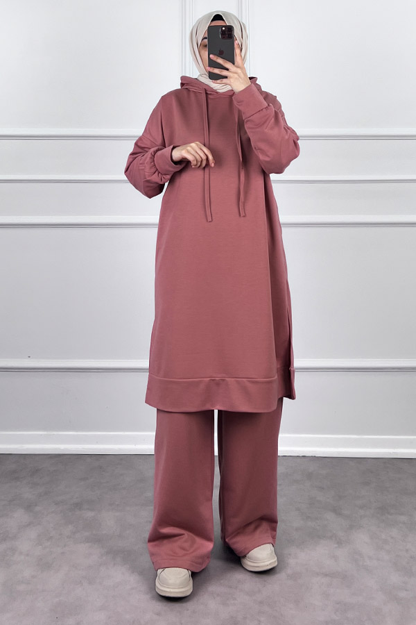Kapşonlu Salaş Takım - Pudra