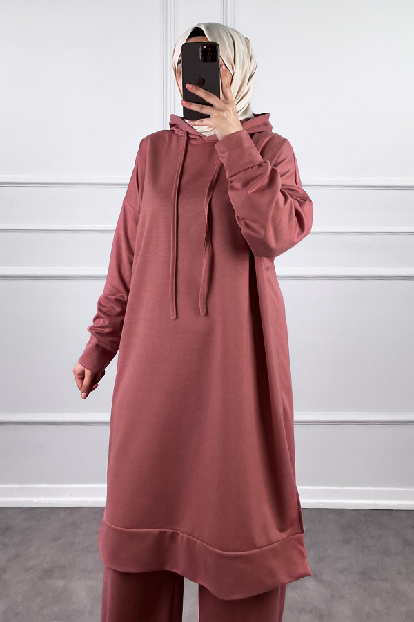 Kapşonlu Salaş Takım - Pudra